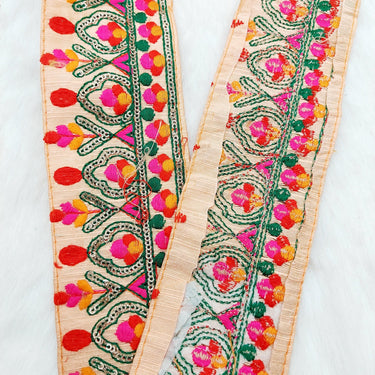 Peach Fabric Trim With Green, Fuchsia Pink, Red And Orange Embroidery and Gold Sequins